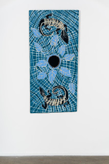 installation view; Dhambit Munuŋgurr A tribute to my father Mutitjpuy, 2024; 7550-24; acrylic on bark; 160 x 75 cm; enquire