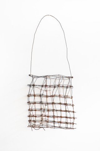 Lorraine Connelly-Northey Narrbong, 2019; CONNL - 0014; burnt ringlock fencing wire; 195 x 68 x 20 cm; Enquire