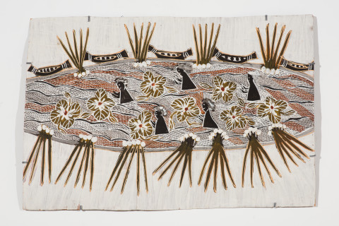 Yalmakany Marawili Wäkwak/Dhatam/Ḏirrpu/Dherraŋ/Ṉiṉḏaṉ, 2024; 4509-24; earth pigments on Stringybark; 56 x 84.5 cm; more info; enquire