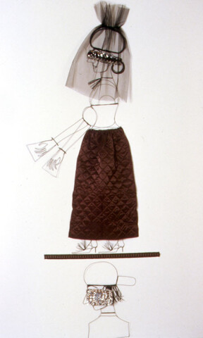 Jacqueline Fraser Let me lift them one by one by one by one by one. [[New Zealand, Ethiopia, Cuba.]], 2001; from the series A Portrait of the Lost Boys > To Our Lost Boy Ivan, carbon monoxide gassed 1998; wire, brown braid, sequin taffeta, text, quilted satin, black tulle; 290 x 90 cm; Provinece: New Museum N.Y. 2001; enquire