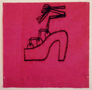Jacqueline Fraser >, 2002; from the series Jacqueline Fraser 14.7.2002 Parisian Fabric Drawings; Oil stick on pink water stained taffeta; 32 x 32 cm; enquire