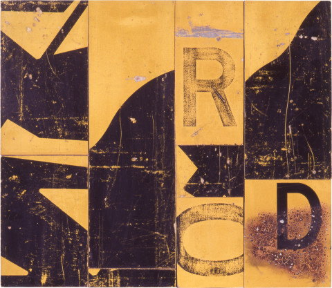 Rosalie Gascoigne Through Road, 1991; retro-reflective roadsigns on plywood; 51.2 x 59.1 cm; enquire
