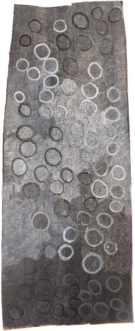 Nyapanyapa Yunupingu Circles Black and Greys, 2018; 643-18; natural earth pigments on bark; 204 x 84 cm; Enquire