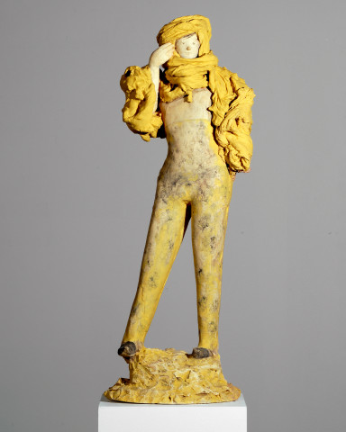 Linda Marrinon Woman in high-waisted pants, 2007; tinted plaster, paint; 73 x 25 x 17 cm; enquire