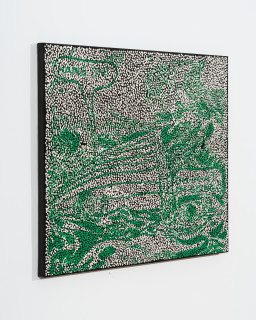 Daniel Boyd Untitled (STWGBTMFSH), 2025; oil, acrylic and archival glue on paper mounted to canvas; 80 x 100.5 cm; enquire