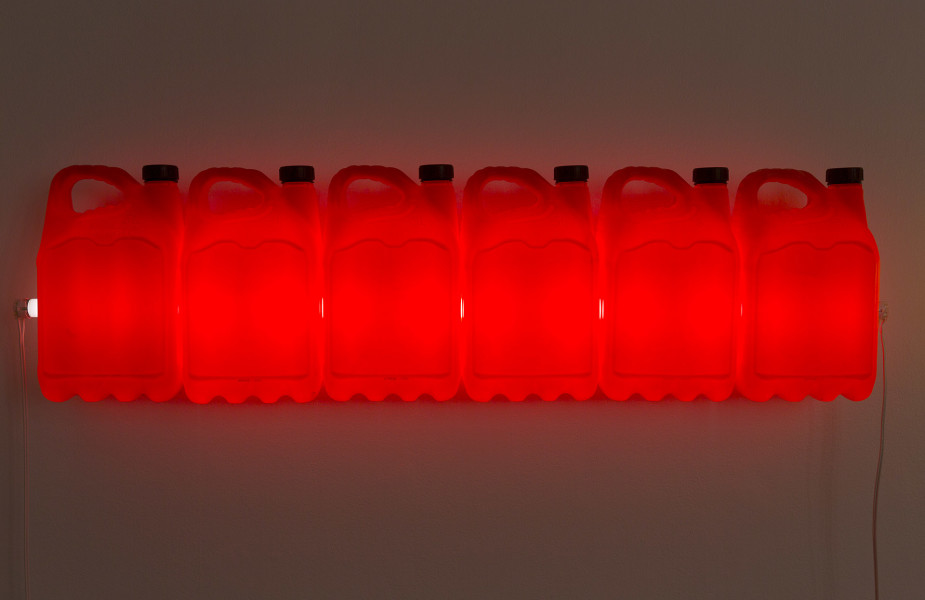 Bill Culbert Strait (Red), 2015; fluorescent light, plastic bottles; 32 × 120 × 12cm