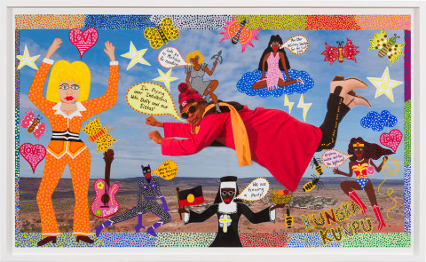 Kaylene Whiskey Flying Over Indulkana, 2022; acrylic on digital print on rag paper; 91 x 156 cm; 102 x 166 cm (framed); enquire