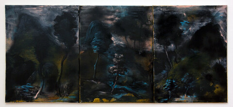 Tony Clark 3. Three sections from Clark’s Myriorama (Buehnenbild), 2012; acrylic and permanent marker ink on canvas; 61 x 45.5cm (each panel) 61 x 136.5cm (overall) ; enquire