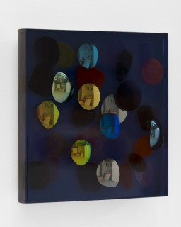 Jim Lambie August 2017, Cerulean Calm, 2026; resin, sunglasses lens, birch plywood, paint; 33 x 33 x 5 cm; enquire