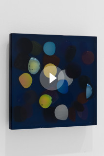 Jim Lambie August 2017, Cerulean Calm, 2026; resin, sunglasses lens, birch plywood, paint; 33 x 33 x 5 cm; enquire