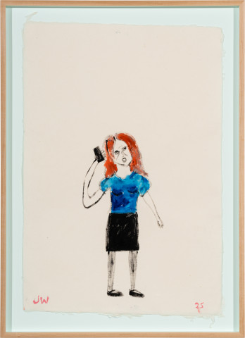 Jenny Watson Woman with a phone, 2025; acrylic on Japanese rice paper; 91.5 x 66.5 cm; enquire