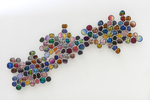 Jim Lambie Nebulous Dawn, 2019; sunglass lens, lead came; 79 x 134 x 4.5 cm; enquire