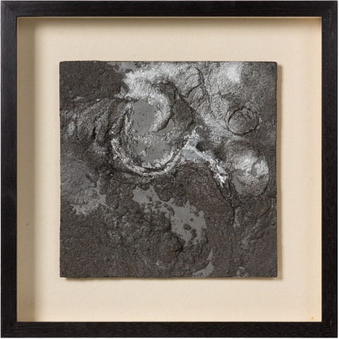 Kirtika Kain smoke, 2019; iron filings, silver pigment, wax, zinc; 47 x 47 cm; enquire