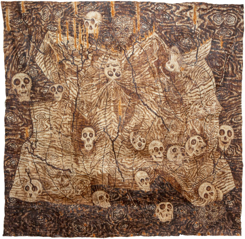 Fiona Hall Cage, 2013; bark cloth with earth pigments and plant dyes; 250 x 260 cm; enquire