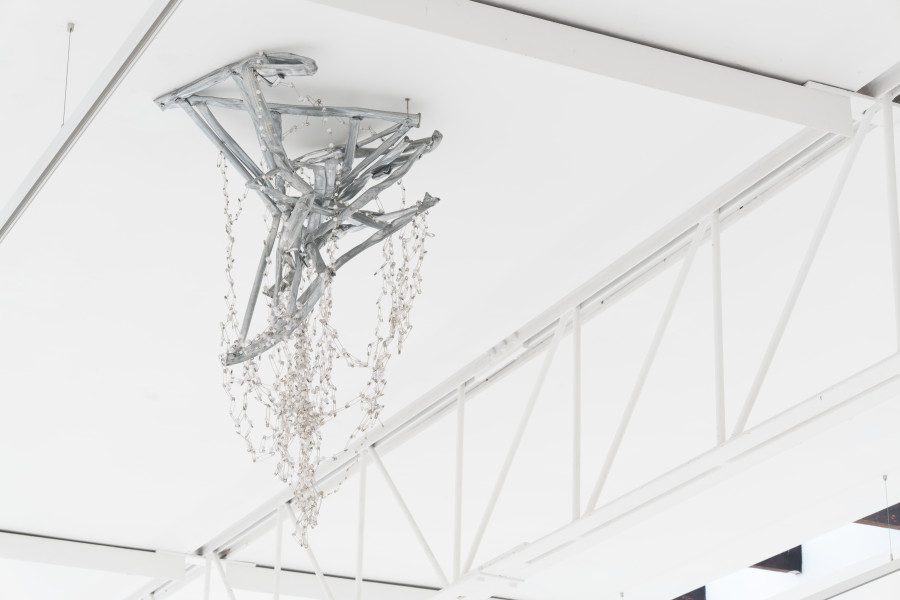 Jim Lambie Crushed Barrier (Everlasting Blanket of Stars), 2026; crushed metal barrier, safety pins, pearlescent beads; 120 x 60 x 70 cm; more info; enquire