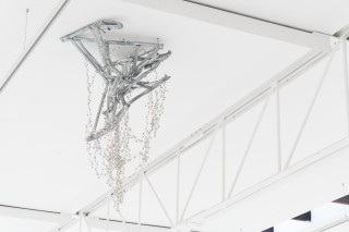 Jim Lambie Crushed Barrier (Everlasting Blanket of Stars), 2026; crushed metal barrier, safety pins, pearlescent beads; 120 x 60 x 70 cm; enquire