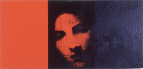 Lindy Lee Red Vital, 1999; photocopy, oil, acrylic and wax on board; 2 panels, 41.5 x 59 cm; enquire