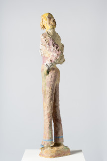 Linda Marrinon Woman with pink cummerbund, 2025; painted plaster and muslin; 118 x 30 x 18 cm; enquire