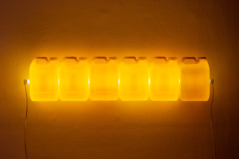 Bill Culbert Strait (Yellow), 2015; fluorescent light, plastic bottles; 29 x 120 x 12 cm; enquire