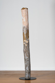 Yalmakany Marawili Meditjin, 2025; 7970-25; earth pigments on stringybark hollow pole; 240 x 20 x 20 cm; enquire