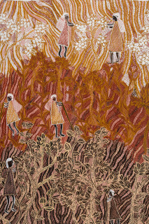 Yalmakany Marawili Miyalk Collecting Bush Ŋatha (detail), 2026; 2316-26; earth pigments on stringybark; 85 x 97 cm; enquire