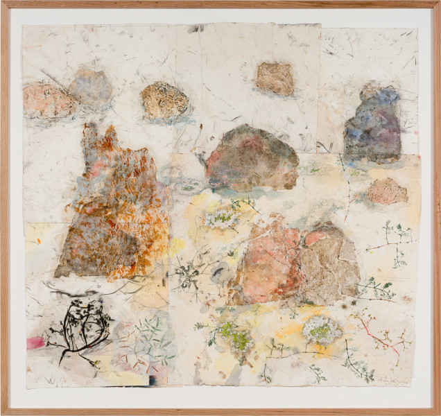 John Wolseley Walk across geological strata – Proterozoic to late Silurian: each step a million years II, 2025; watercolour, graphite, charcoal, frottage and nature prints on paper; 123 x 135 cm; 143 x 151 cm (framed); enquire