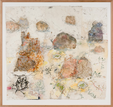 John Wolseley Walk across geological strata – Proterozoic to late Silurian: each step a million years II, 2025; watercolour, graphite, charcoal, frottage and nature prints on paper; 123 x 135 cm; 143 x 151 cm (framed); enquire