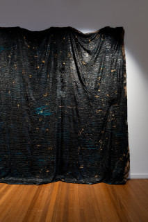 Kirtika Kain Midnight (detail), 2025; tar on hessian, stones, gold leaf and acrylic paint; 329 x 885 x 35 cm; dimensions variable; enquire