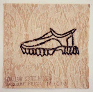 Jacqueline Fraser >, 2002; from the series Jacqueline Fraser 14.7.2002 Parisian Fabric Drawings; Oil stick on cream brocade; 32 x 32 cm; enquire