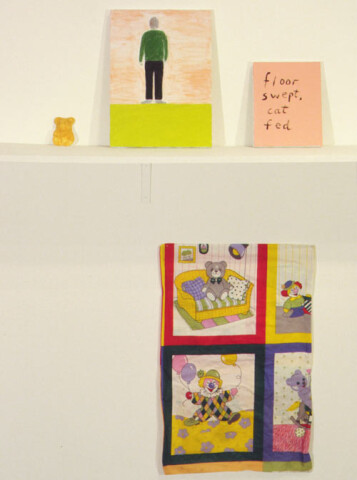 Jenny Watson Floor Swept, Cat Fed No. 1 (Andrew), 1999; acrylic on stretcher, painted plaster mould, rabbit skin glue-primed pillow slip; 16'' x 12'', 10'' x 8'', 3'' x 2'', 30'' x 18''; enquire