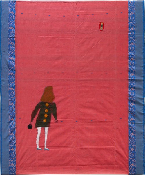 Jenny Watson Brian Jones and Me, 2026; oil, acrylic and collage on Indian sari; 140 x 117 cm; enquire