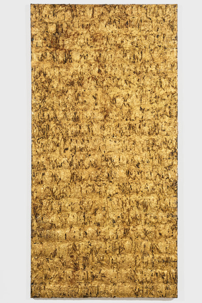 Kirtika Kain Untitled i, 2026; cotton, wax, charcoal, gold leaf, sand and tar; 183 x 91 cm; enquire
