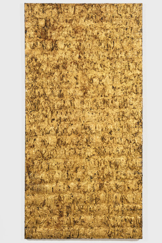 Kirtika Kain Untitled i, 2026; cotton, wax, charcoal, gold leaf, sand and tar; 183 x 91 cm; more info; enquire