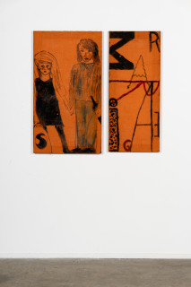 installation view; Jenny Watson Love, Marriage, Property, 1988-89; oil on dyed hessian; 2 parts: 108.5 x 61 cm; 107 x 46 cm; enquire
