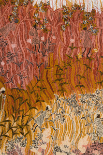 Yalmakany Marawili Wäwuru' (detail), 2026; 2513-26; earth pigments on stringybark; 190 x 81 cm; enquire
