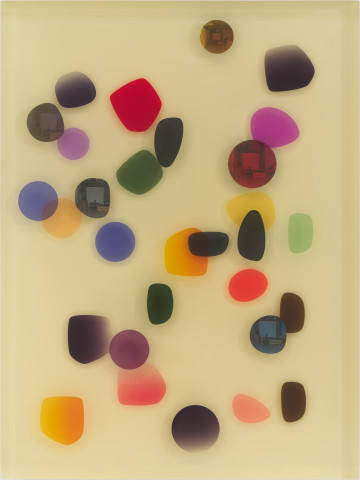 Jim Lambie June 2002, Love and Eternity, 2026; resin, sunglasses lens, birch plywood, paint; 60 x 45 x 5 cm; more info; enquire