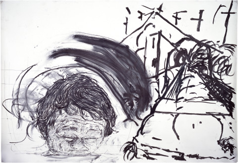 Mike Parr Clocal Corridor (O Vio Prote/ O Vio Proto/ O Vio Loto/ O The 'the') Self Portrait as a Pair or Self Portrait as a Pun, 1983; charcoal and graphite on photographic backdrop; 183 x 1097 cm; enquire