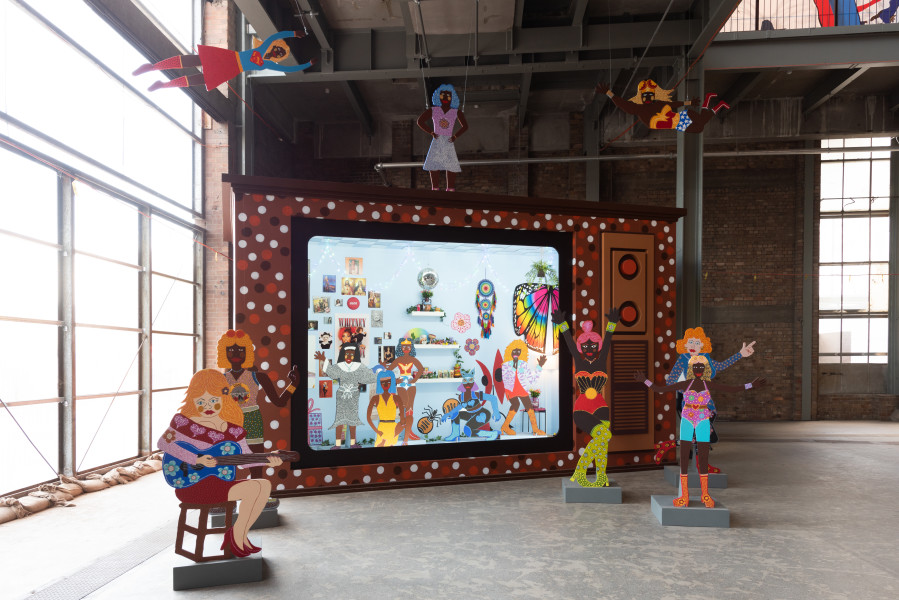 Installation view, Kaylene Whiskey, ‘Kaylene TV’, 2024, mixed media, dimensions variable, at the 24th Biennale of Sydney: Ten Thousand Suns