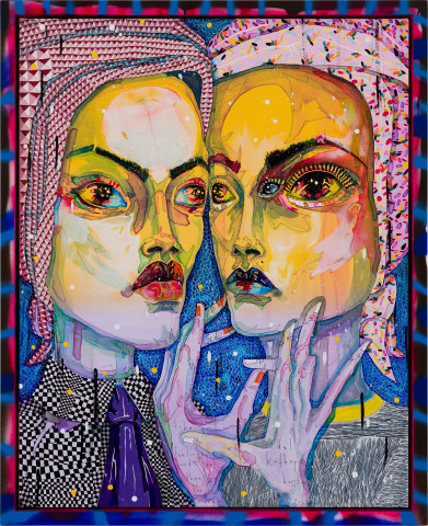 Del Kathryn Barton take yr feelings and set them on the road, 2022; acrylic on linen, hand finished frame; 110 x 89 cm; more info; enquire
