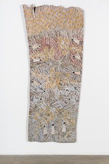 installation view; Yalmakany Marawili Meditjin, 2025; 4958-25; earth pigments on stringybark; 225 x 94 cm; enquire