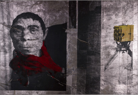 Brook Andrew Head (silver), 2018; ink, acrylic paint, linen; 127 x 186 x 5 cm; enquire