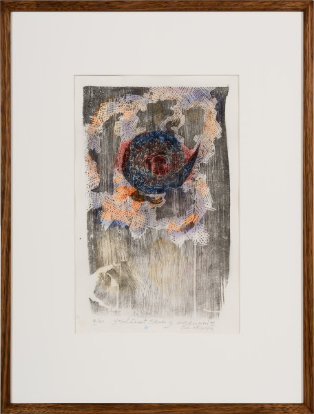 John Wolseley Great Desert Skinks II, 2026; watercolour on Arches paper with woodcut on Tengucho paper; 47 x 30 cm; 75 x 57 cm (framed); Edition of 20; enquire