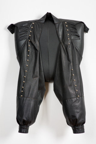 Sarah  Contos Baby II, 2019; repurposed leather, foam, wood; 85 x 58 x 18 cm; enquire