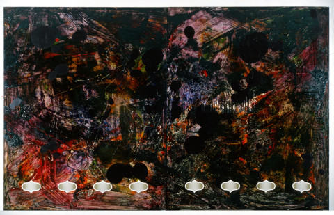 Dale Frank Okay Get Down And Shout—Under The Tank Stand, 1989; acrylic resin & printed vinyl on canvas; 240 x 400 cm; enquire