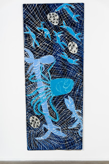 Dhambit Munuŋgurr Husband and wife installation view, 2024; 8388-24; acrylic on bark; 240 x 96 cm; enquire