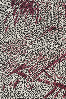 Daniel Boyd Untitled (BBCNSSB) (detail), 2025; oil, acrylic and archival glue on paper mounted to canvas; 61.5 x 76.5 cm; enquire