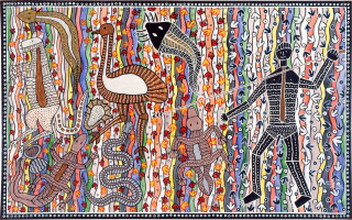 Robert Campbell Jnr Hunting tucker, 1990; ochre and acrylic on canvas; 124 x 199 cm; enquire