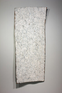Nyapanyapa Yunupiŋu White Painting (circles) , 2011; 0910YR; natural earth pigments on bark; 170 x 70 cm; enquire