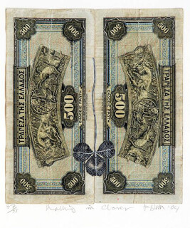Fiona Hall Rolling in Clover - 37/51, 2004; Gouache on banknotes; 18.6 x 17cm (note) 39.8 x 37.8cm (frame); enquire