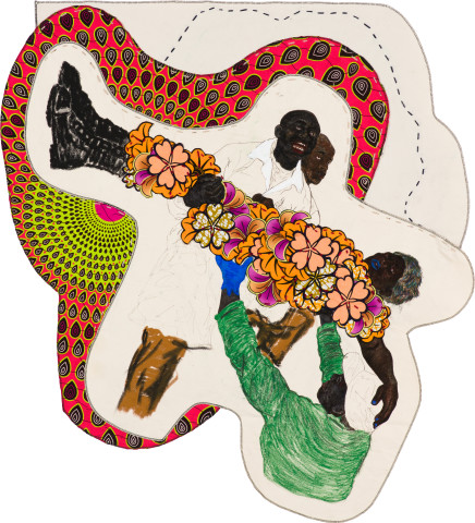Pierre Mukeba (Alikuwa amekufa kwa uchawi.)(Pietà), 2022; Kikwembe, calico, oil paint, ink, brush pen, acrylic paint, pastel, fabric on unprimed canvas; 120 x 115 cm; more info; enquire